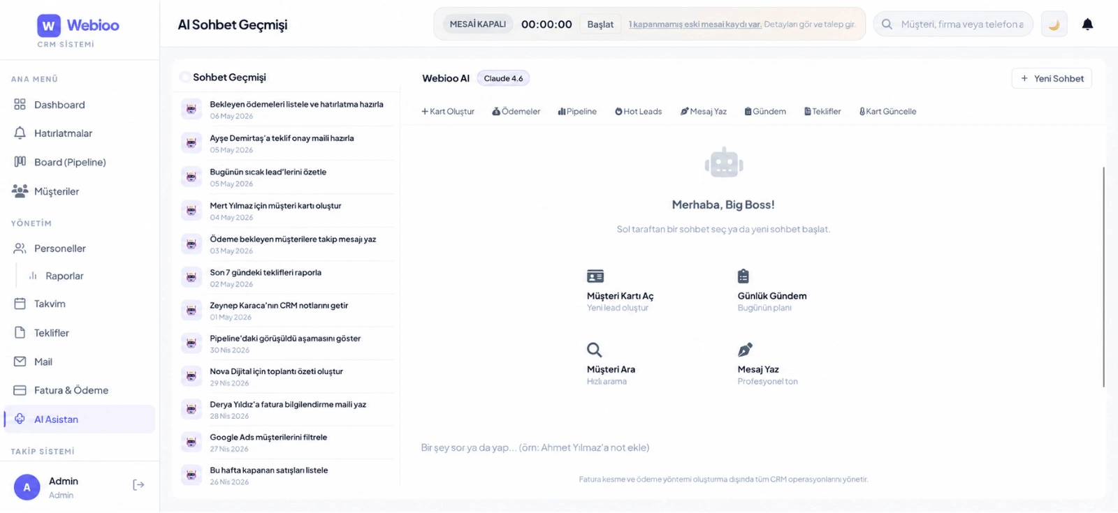 AI Arayüz CRM ekran görüntüsü - Webioo