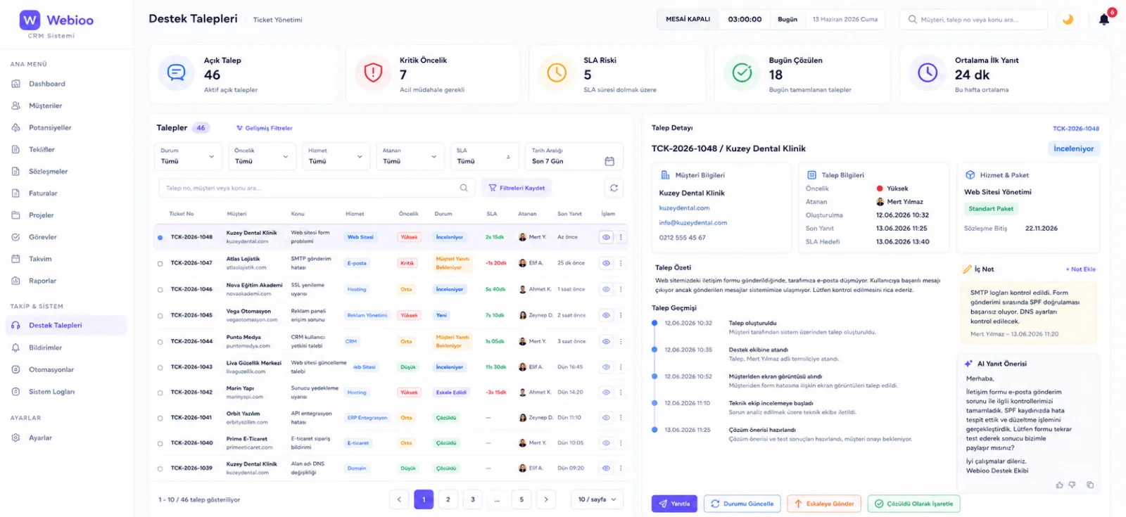 Destek Talepleri CRM ekran görüntüsü - Webioo