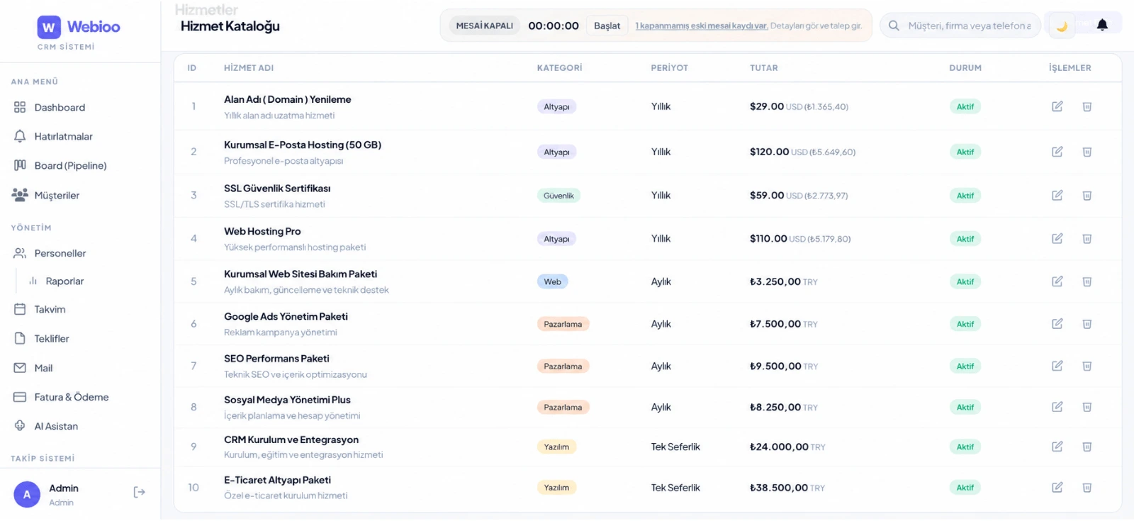 Hizmetler CRM ekran görüntüsü - Webioo
