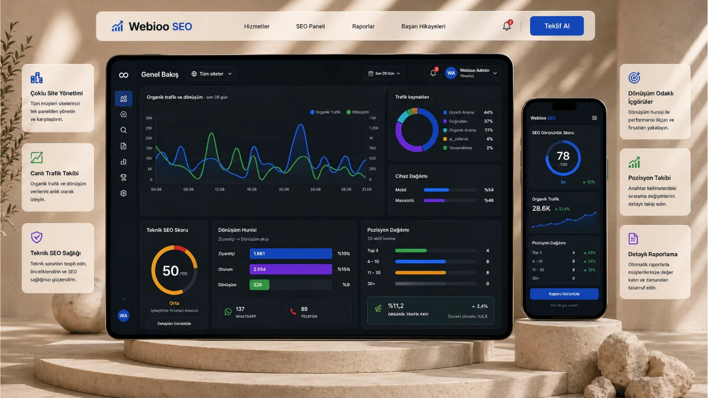 SEO Webioo çok siteli SEO yönetim paneli vaka analizi