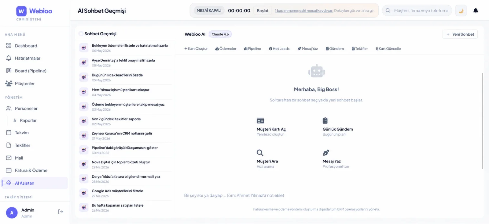 Yapay Zeka Asistanı - CRM içindeki yapay zeka asistanı; müşteri kartı oluşturma, ödeme listeleme, teklif hazırlama, gündem çıkarma ve mesaj yazma gibi işlemleri sohbet üzerinden hızlıca yapmayı sağlar. Kullanıcı, farklı sayfalara tek tek gitmeden yapay zeka desteğiyle CRM operasyonlarını daha pratik ve akıllı şekilde yönetebilir. CRM ekran görüntüsü