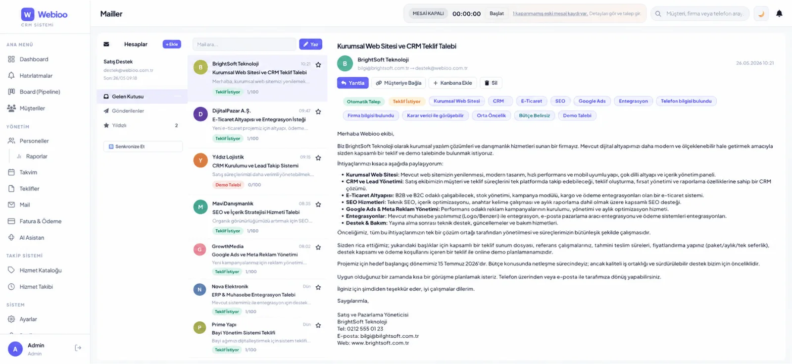E-posta Yönetimi - Müşterilerden gelen e-postaları CRM içinden takip etmeyi, yanıtlamayı ve ilgili müşteri kaydıyla eşleştirmeyi sağlar. Etiketler, durum bilgileri ve kanbana ekleme özelliği sayesinde her talep satış sürecine düzenli şekilde aktarılır. CRM ekran görüntüsü